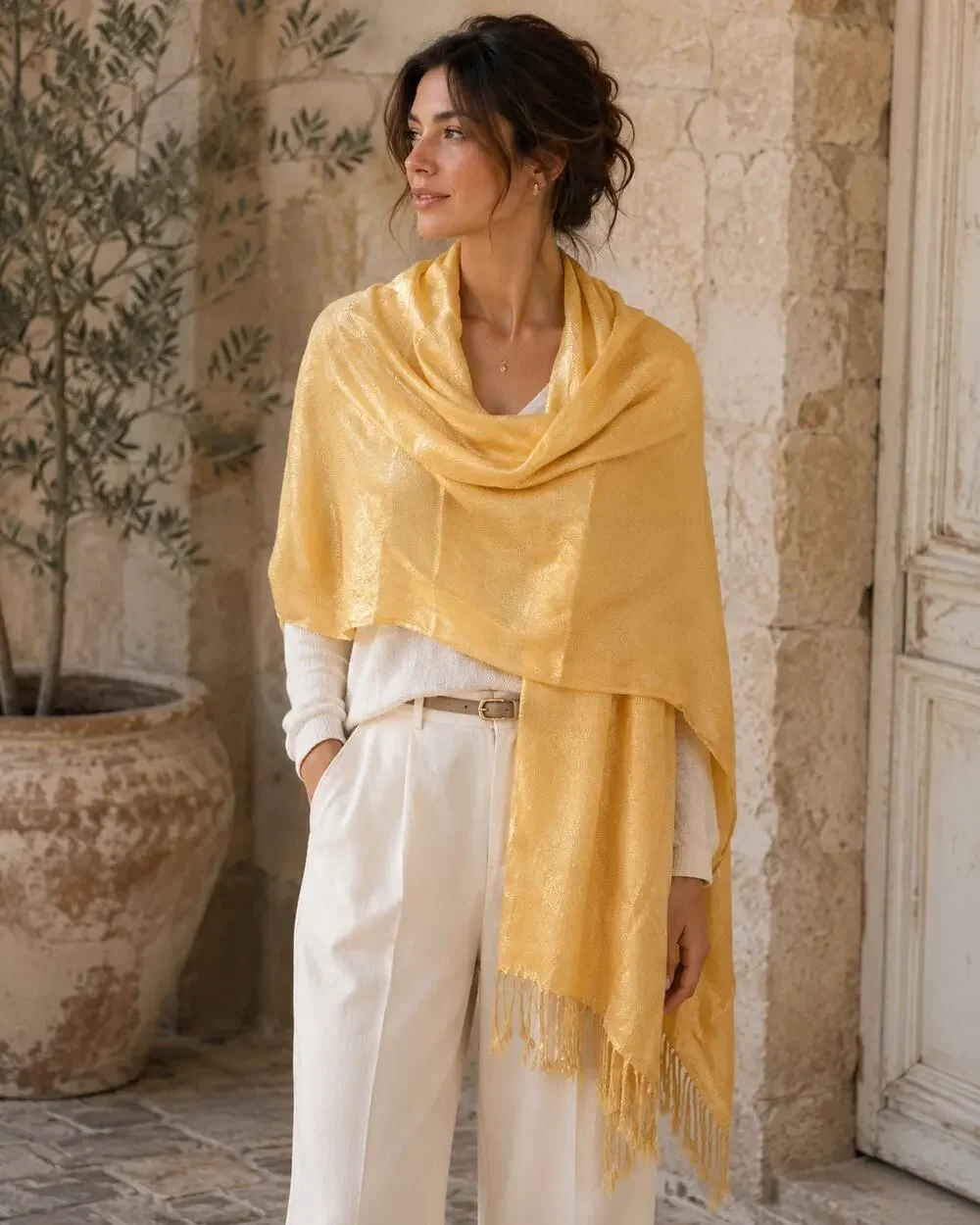 Pashmina Scarf Shawl Yellow Silk Blend Tassel Fringe Wrap Soft Quiet Luxury